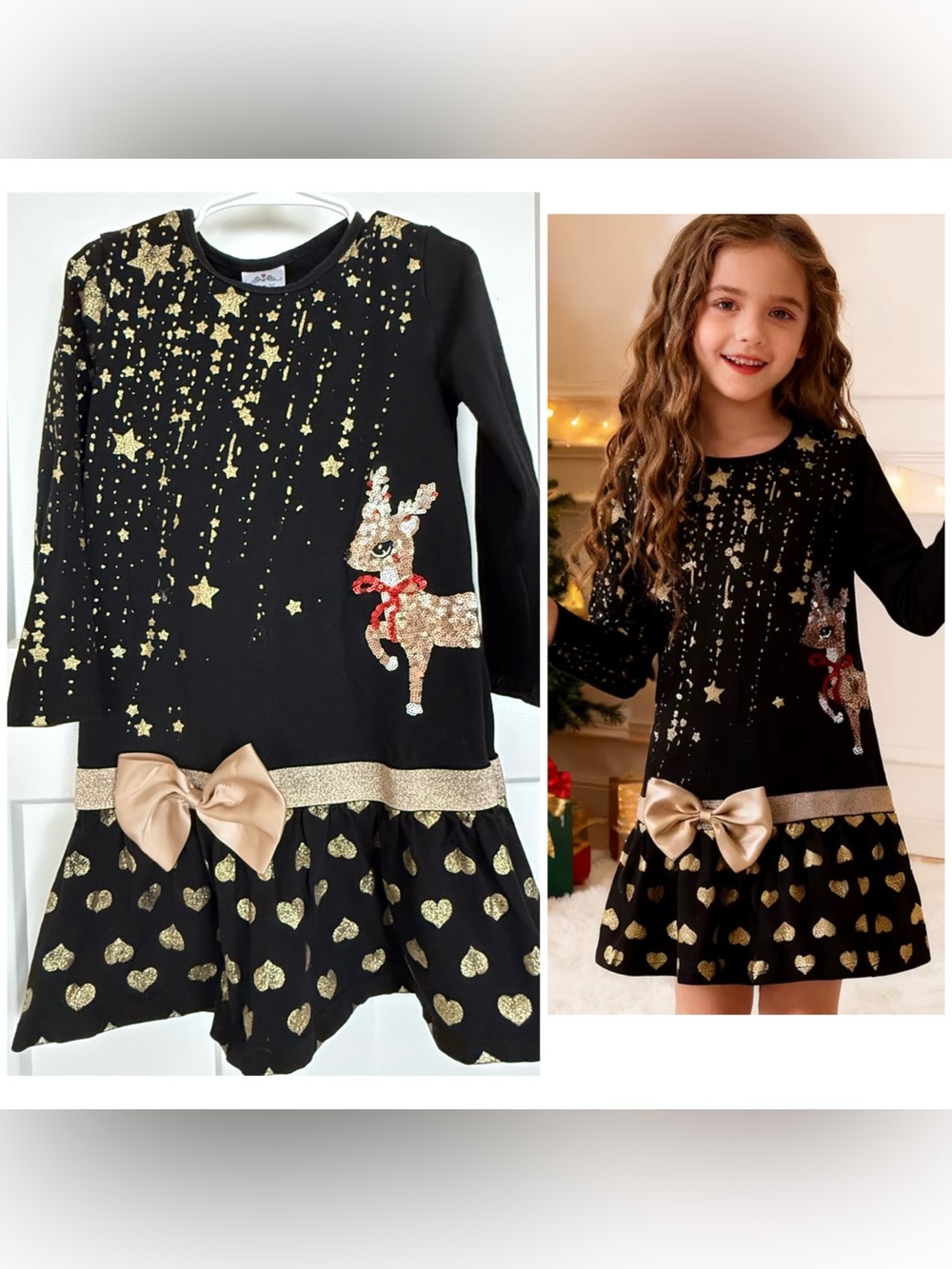Girls Black & Gold Sequin Reindeer Holiday Dress | 4–5Y